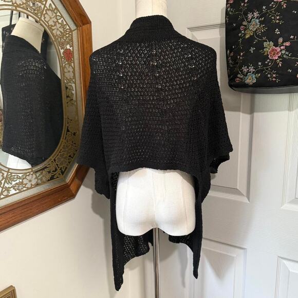 Chico's Black Open Knit Crochet Open Front Cascading Cardigan w Cropped Back - Picture 5 of 8